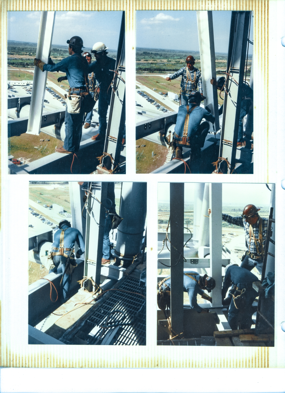 Union Ironworkers from Local 808 working for Ivey Steel at Space Shuttle Launch Complex 39-B, Kennedy Space Center, Florida, hang structural steel elements which will become the new PCR Anteroom Extension, along the back side of the Rotating Service Structure, over eighty feet above the unseen concrete pad deck beneath them.